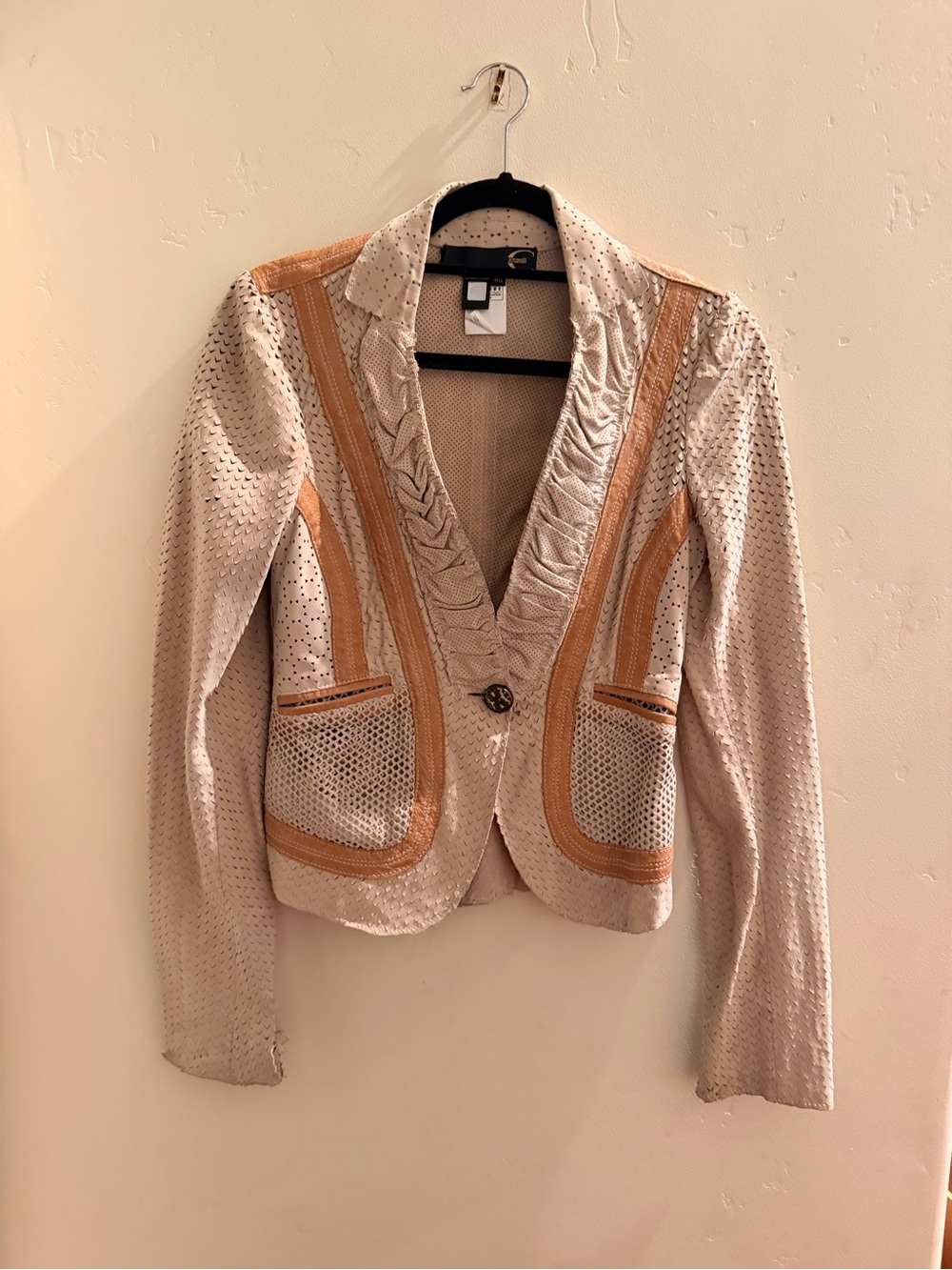 Just Cavalli Leather Beige Blazer with Tan Trim Detail